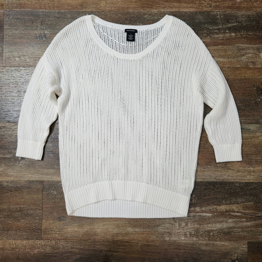 CALVIN KLEIN JEANS WHITE COTTON BLEND MESH SWEATER SIZE MEDIUM